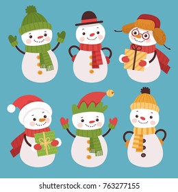 Set of cartoon snowmen. Set of New Year characters in warm hats and scarves