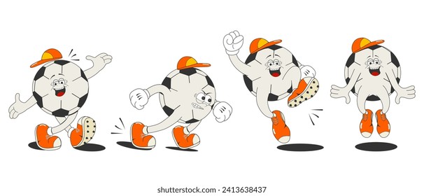 set of cartoon soccer ball in different poses:running,jumping, joyful, screaming. Isolated on a white background.Design of a sports print,poster,sticker.Vector illustration of groovy football mascot