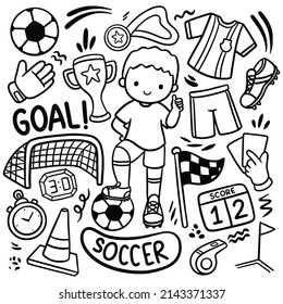 Set of Cartoon Soccer Ball Equipments Doodle Vector Illustration