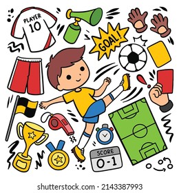 Set of Cartoon Soccer Ball Equipments Doodle Vector Illustration