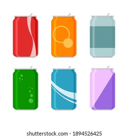 Set of cartoon soda in aluminum cans. Carbonated non-alcoholic water with different flavors. Drinks in colored packaging. Vector illustration template isolated on white background.