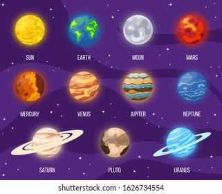 Set of cartoon solar system planets in space. Colorful universe with sun, moon, earth, stars and system planets. Vector illustration for any design.