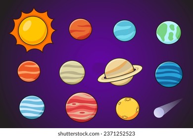 Set of cartoon solar system planets. Children s education. Vector illustration of cartoon solar system planets