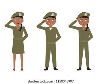 Set of cartoon soldiers with green uniforms saluting on White background