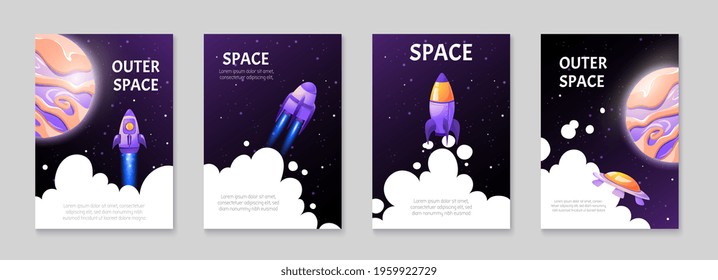 Set of cartoon space backgrounds with rockets and shuttles in game style. Templates for flyers, banners, cards and posters. Start up concept with a rocket takes off. Vector children illustration 