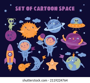 The set of cartoon space clipart. The astronauts and planets are a vector illustration. The cosmic elements are good for stickers, kid rooms, birthday, party decorations.