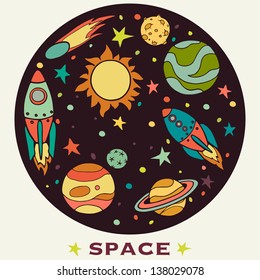 Set of cartoon space elements in circle: rockets, planets and stars. Childish background. Hand drawn vector illustration.