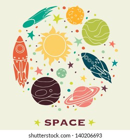 Set of cartoon space elements in circle: rockets, planets and stars. Childish background. Hand drawn vector illustration.