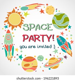 Set of cartoon space elements in circle: rockets, planets and stars. Hand drawn childish background. Theme party invitation or greeting card template.