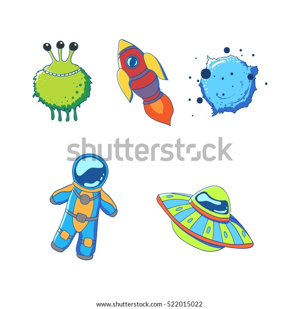 Set of cartoon space\
elements. Rocket, alien, planet, astronaut and flying saucer.\
Vector illustration