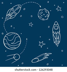 Set of cartoon space elements: rockets, planets and stars. Childish background. Vector illustration.