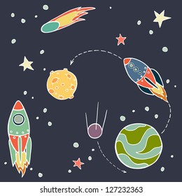 Set of cartoon space elements: rockets, planets and stars. Childish background. Vector illustration.