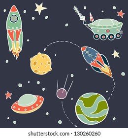 Set of cartoon space elements: rockets, planets and stars. Childish background. Vector illustration.