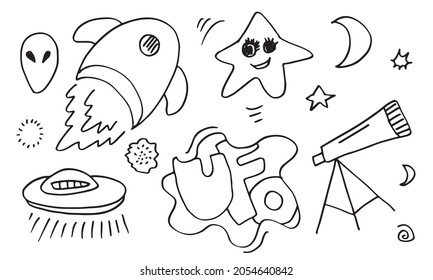 Set of cartoon space elements: rockets, planets and stars. Hand drawn doodle objects on white background. Childish illustration.