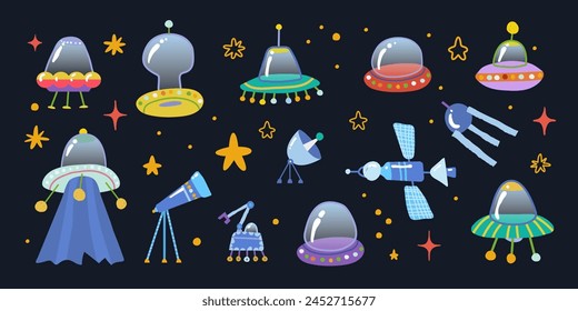 Set of cartoon space flying vehicles: saucers, satellites, telescopes