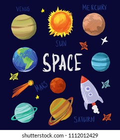 Set of cartoon space objects. Solar system. Vector illustration.