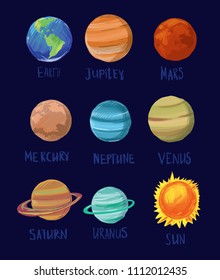 Set of cartoon space objects. Solar system. Vector illustration.