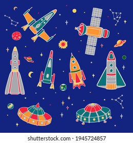 Set of cartoon spaceships, planets for designs and patterns. Bright colored vector illustration isolated on blue sky background.