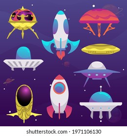 Set of cartoon spaceships, ufo and rockets flying in space. Alien technology for travel and exploration of galaxy on spacecrafts. Flat cartoon vector illustration.