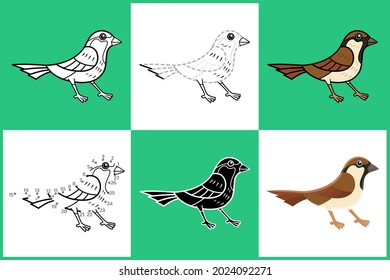 Set of cartoon SPARROW in 6 styles, Vector illustration