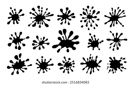 Set of cartoon spatters. Decorative shapes liquids. Vector stain ink collection.