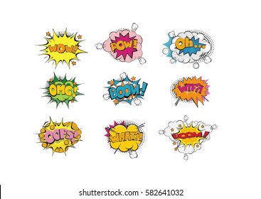 set of cartoon speech bubbles and explosions