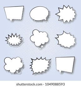 set of cartoon speech bubbles on blue background with halftone dots