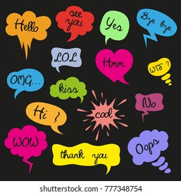 Set of cartoon speech bubbles on the black background. Vector illustration.