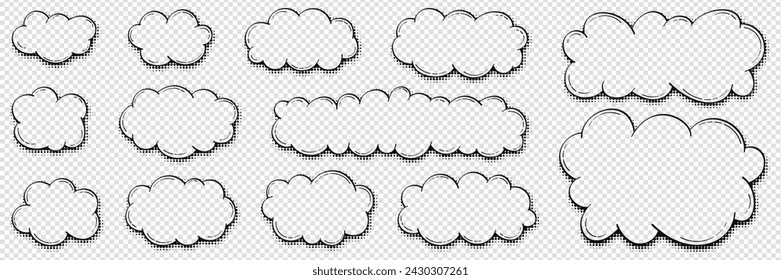 Set of cartoon speech bubbles in the shape of a cloud with halftone effect shadow on a transparent background. Vector doodles with place for text, hand drawn for banners, posters in comic style.