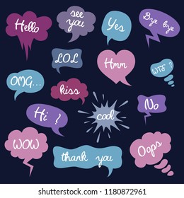 Set of cartoon speech bubbles with text. Vector illustration.