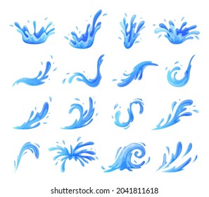 Set of cartoon splashes and drops vector flat illustration. Collection of dripped liquid supplies water or oil spill isolated. Current waves, tears, spray, nature splash. Aqua raindrop dripping drop