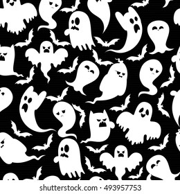 Set of cartoon spooky ghost and bats character .Vector Illustration