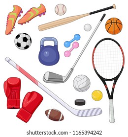 Set of cartoon sport equipment. Vector illustration of colorful sport balls and gaming items. 