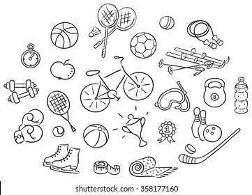 Set of cartoon sport things, black and white outline