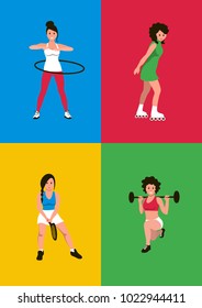 Set of cartoon sport woman. A girl roller-skating.  A woman doing exercises with a hoop. A woman playing tennis. Girl weightlifter. Vector illustration