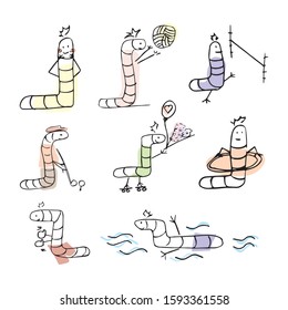 Set of cartoon sportive worms. 
