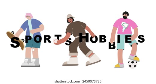 Set of cartoon sports boy characters, flat vector sport hobbies illustrations, football, rugby, skateboarding, sports equipment icons