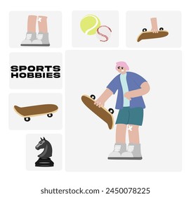 Set of cartoon sports people who have different hobbies, flat vector sport hobbies illustrations, football, rugby, badminton, rollerblading, chess, skateboarding, table tennis, sports equipment icons