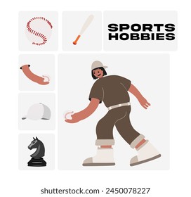 Set of cartoon sports people who have different hobbies, flat vector sport hobbies illustrations, football, rugby, badminton, rollerblading, chess, skateboarding, table tennis, sports equipment icons