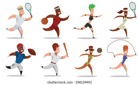 set of cartoon sportsmen. Four female sportsmen and four male sportsmen.Football, basketball, tennis,volleyball, fitness, baseball. vector illustrations