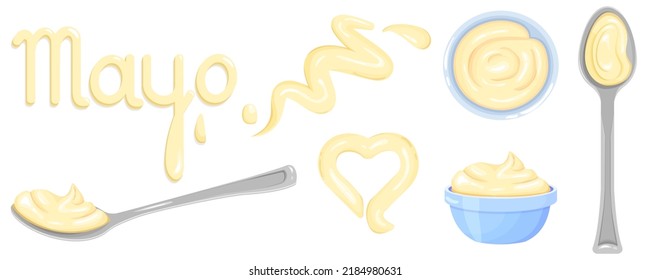 A set of cartoon spots, inscriptions, bowls and spoons with mayonnaise from the top and front. Vector isolated elements for promotional on banners, flyers, food apps or more.