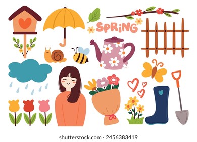 conjunto de dibujos animados de primavera pegatina conjunto. lindo pegatina