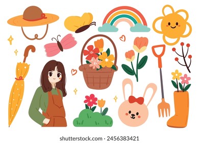 set cartoon of spring sticker set. cute sticker