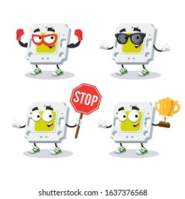 set of cartoon square LED chip character mascot on white background