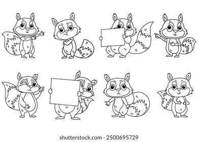 A set of cartoon squirrel holding signs. The animals are all different, but they all have the same idea: they are holding signs