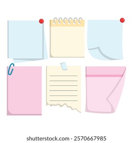 Set of cartoon stationery, Blank reminder paper notes vector set