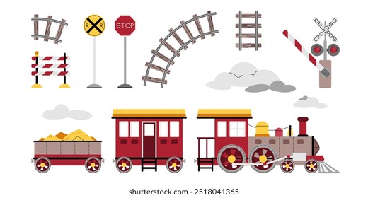 Conjunto de locomotora de vapor de dibujos animados con carro, señales de ferrocarril. Elementos infantiles de transporte ferroviario en estilo plano. Conveniente para la ropa de los niños, el Fondo de pantalla, las tarjetas de felicitación, el etc.