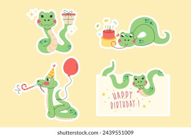 Conjunto de dibujos animados pegatina personaje de cumpleaños serpiente dibujado a mano