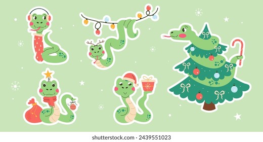 Set cartoon sticker character christmas snake hand drawn