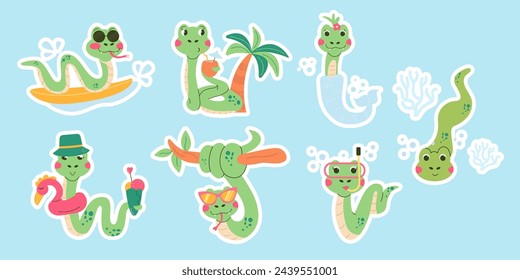 Set cartoon sticker character summer snake hand drawn